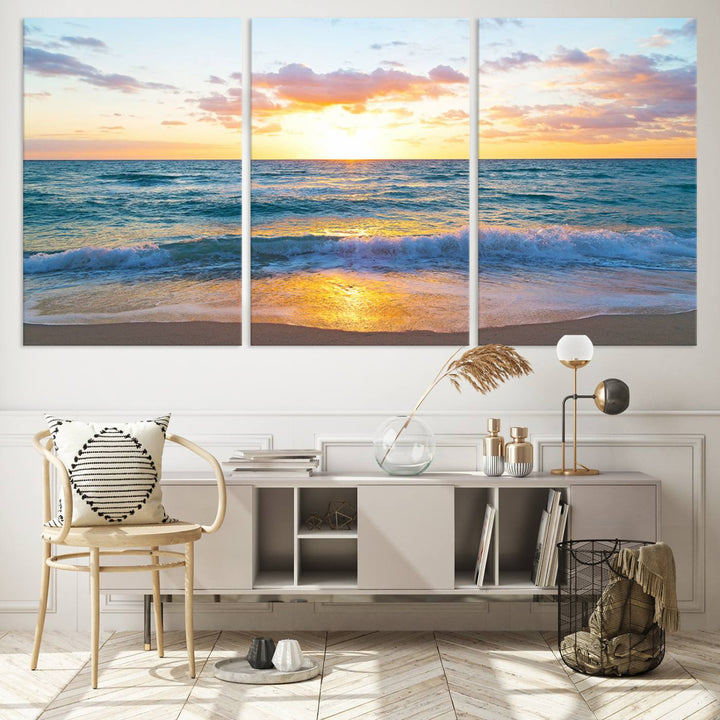 Blue Ocean Beach Sunset Wall Art Canvas Print