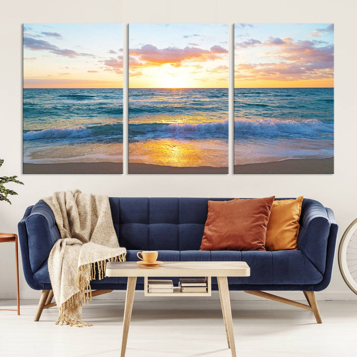 Blue Ocean Beach Sunset Wall Art Canvas Print