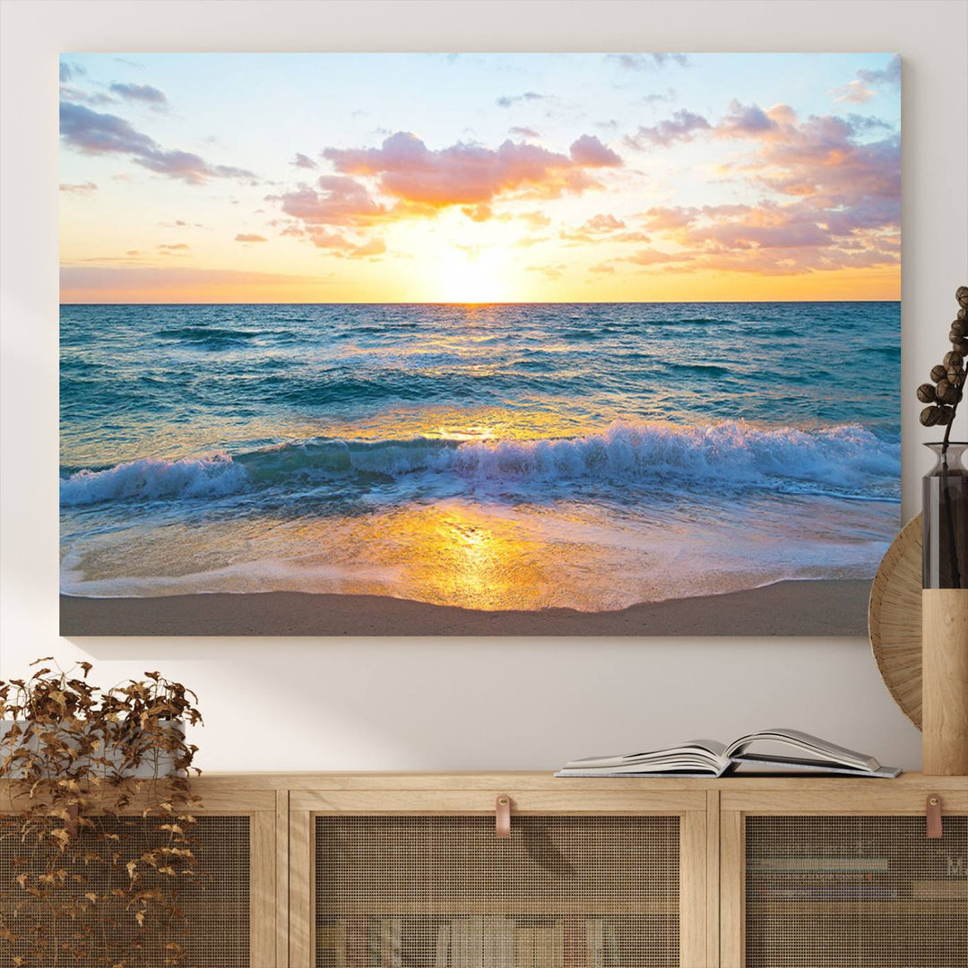 Blue Ocean Beach Sunset Wall Art Canvas Print