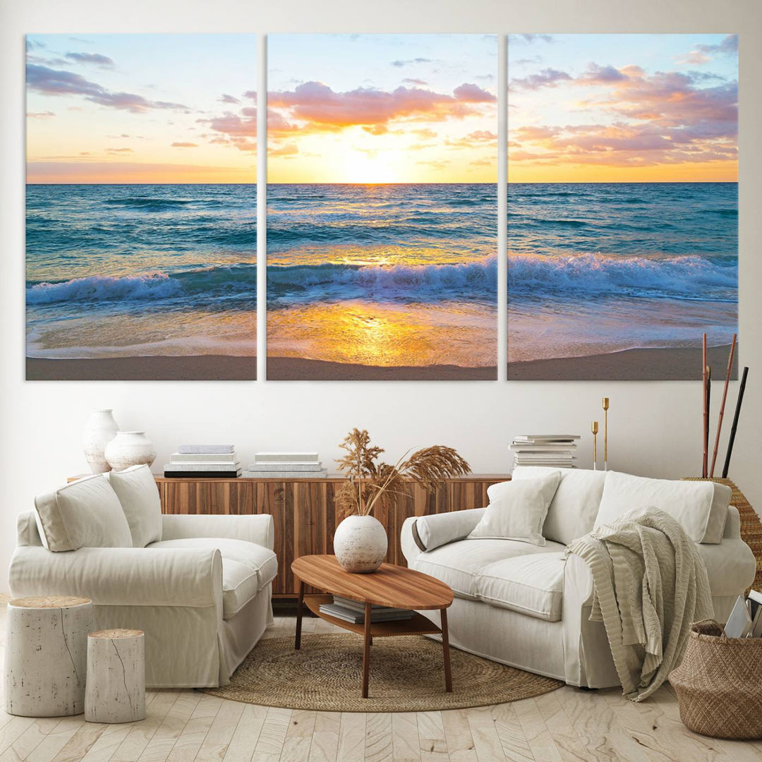 Blue Ocean Beach Sunset Wall Art Canvas Print