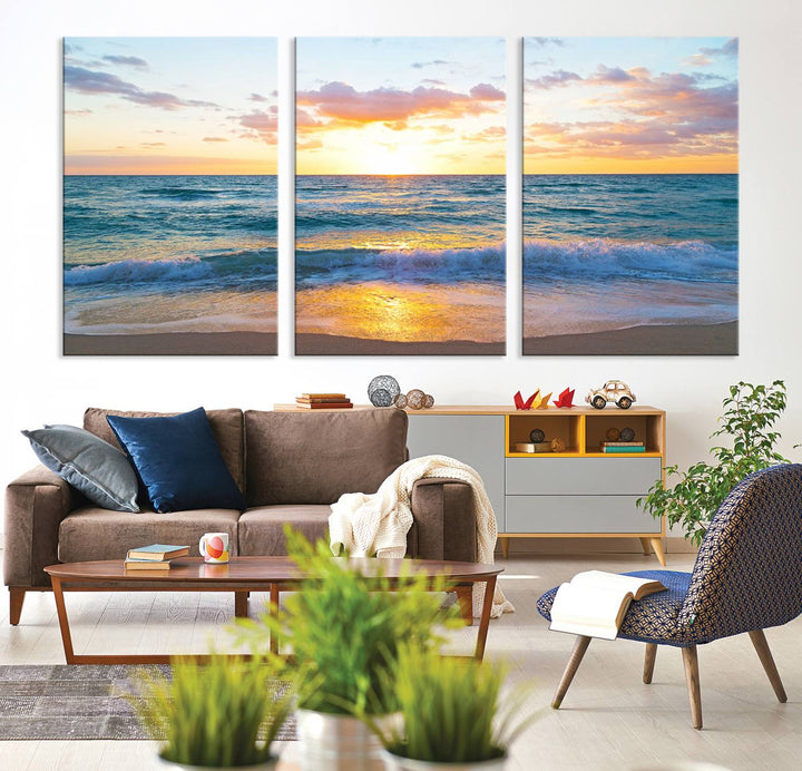 Blue Ocean Beach Sunset Wall Art Canvas Print