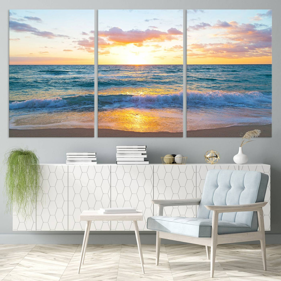 Blue Ocean Beach Sunset Wall Art Canvas Print