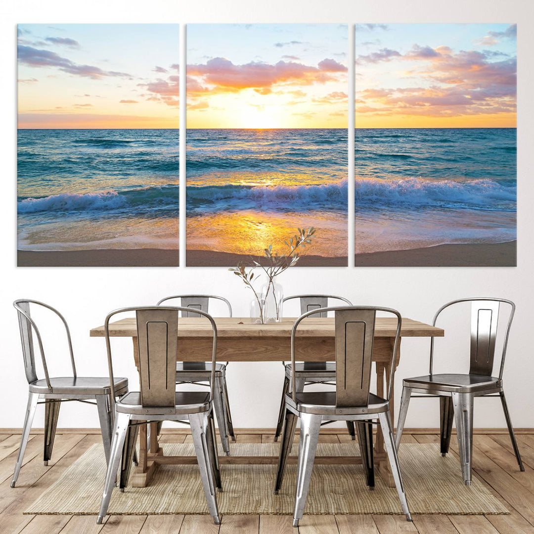 Blue Ocean Beach Sunset Wall Art Canvas Print