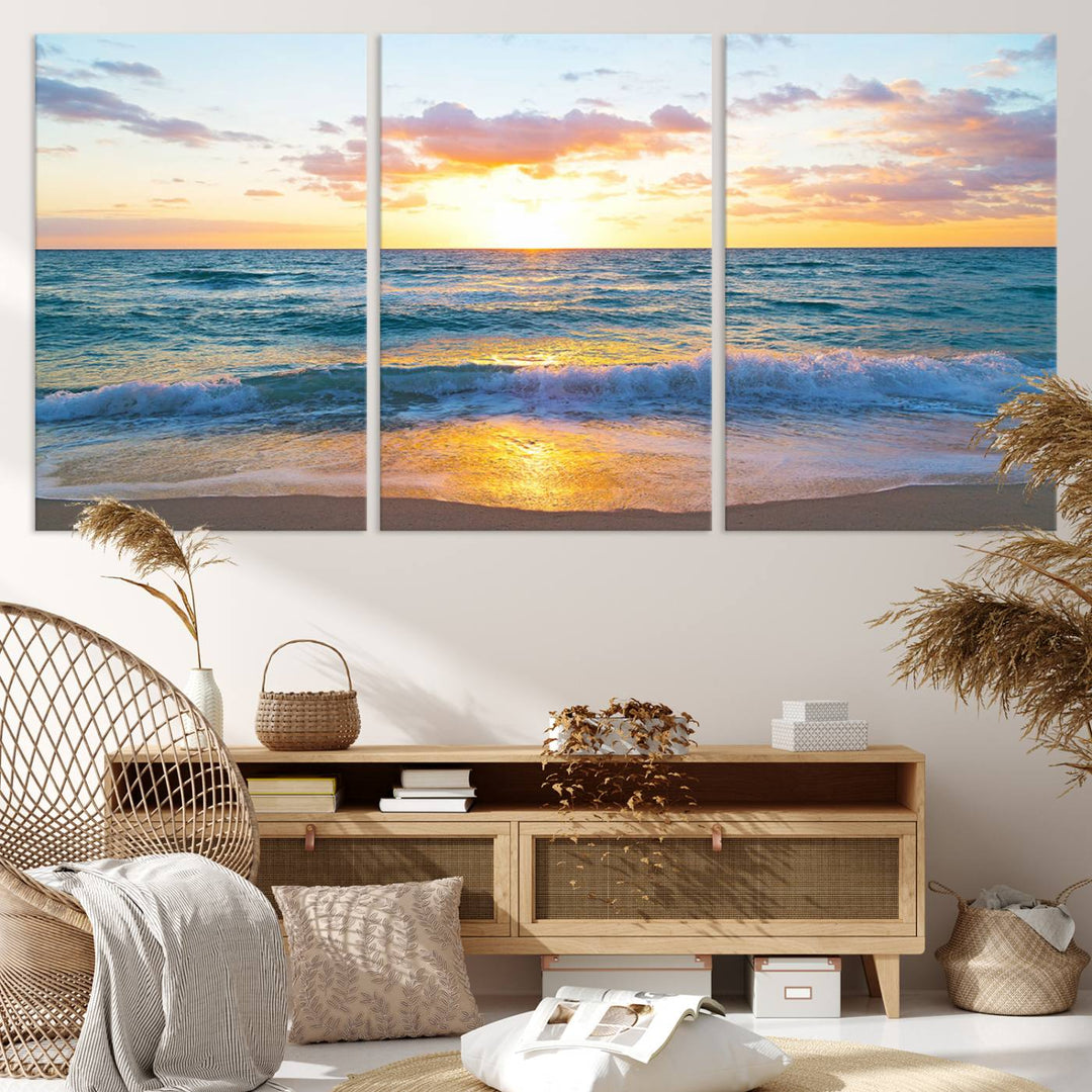 Blue Ocean Beach Sunset Wall Art Canvas Print