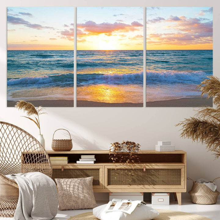 Blue Ocean Beach Sunset Wall Art Canvas Print