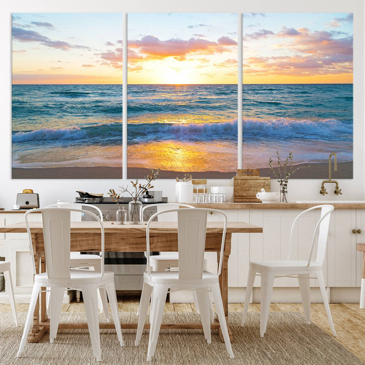 Blue Ocean Beach Sunset Wall Art Canvas Print