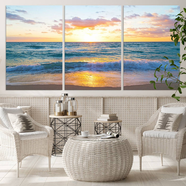 Blue Ocean Beach Sunset Wall Art Canvas Print