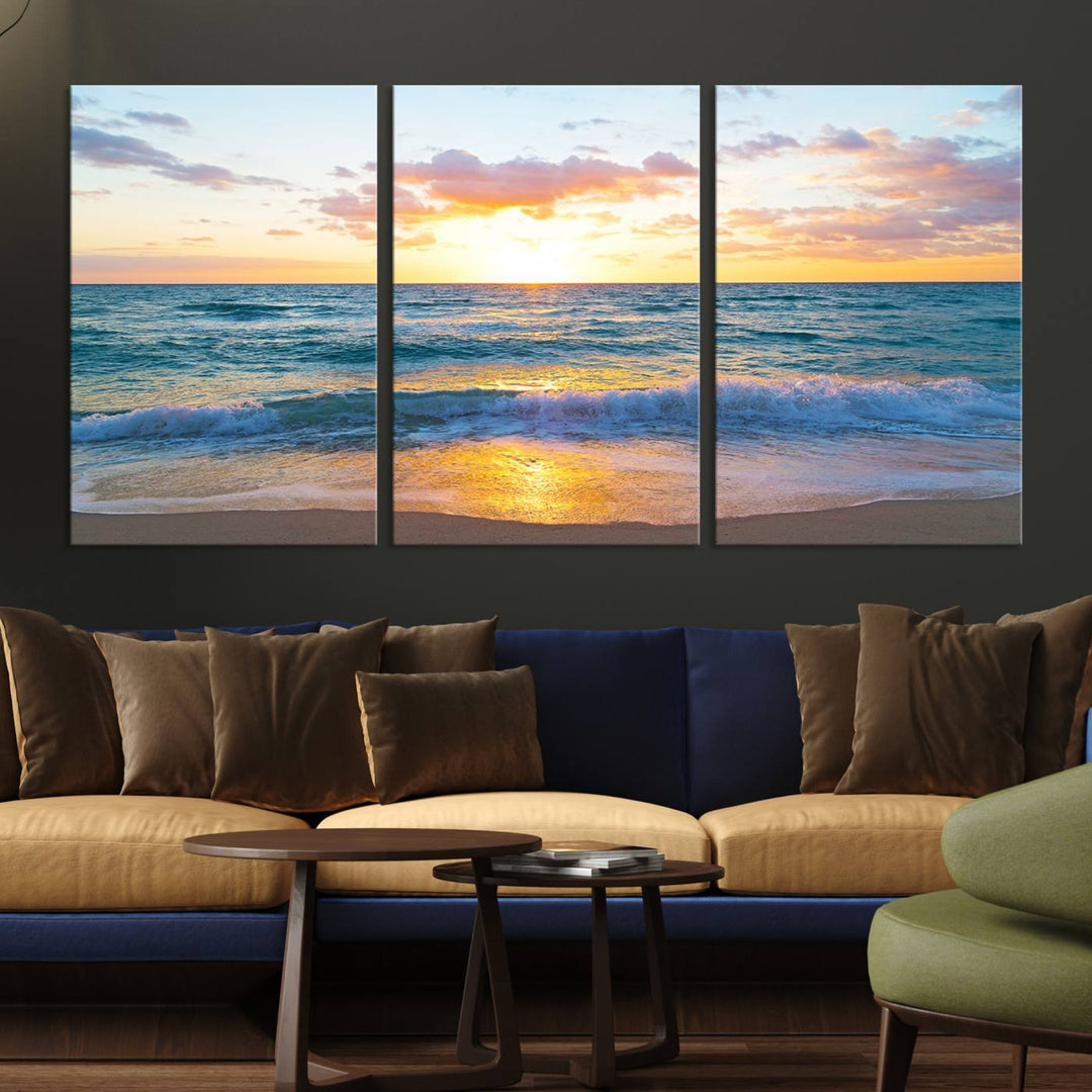 Blue Ocean Beach Sunset Wall Art Canvas Print