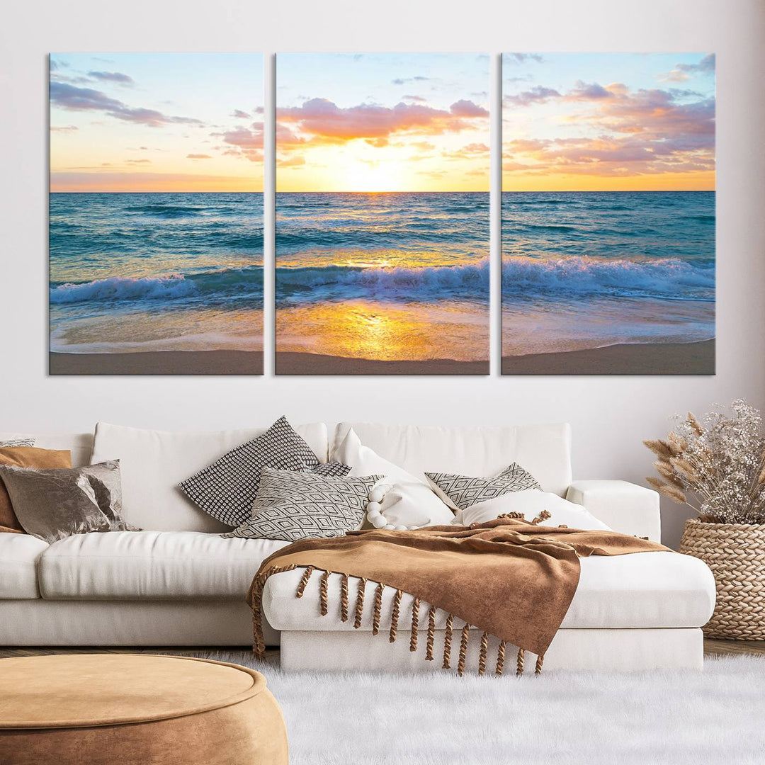 Blue Ocean Beach Sunset Wall Art Canvas Print