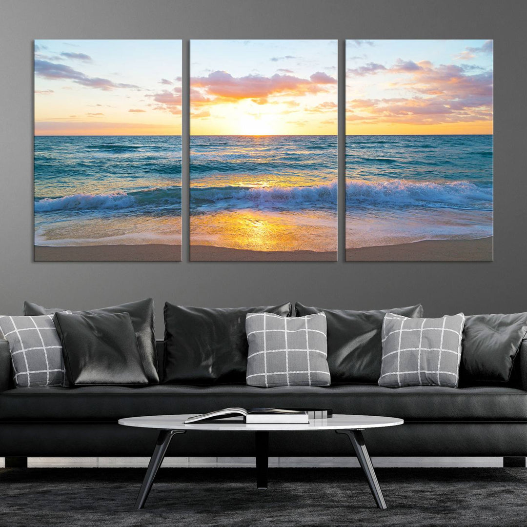 Blue Ocean Beach Sunset Wall Art Canvas Print