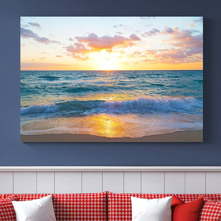 Blue Ocean Beach Sunset Wall Art Canvas Print