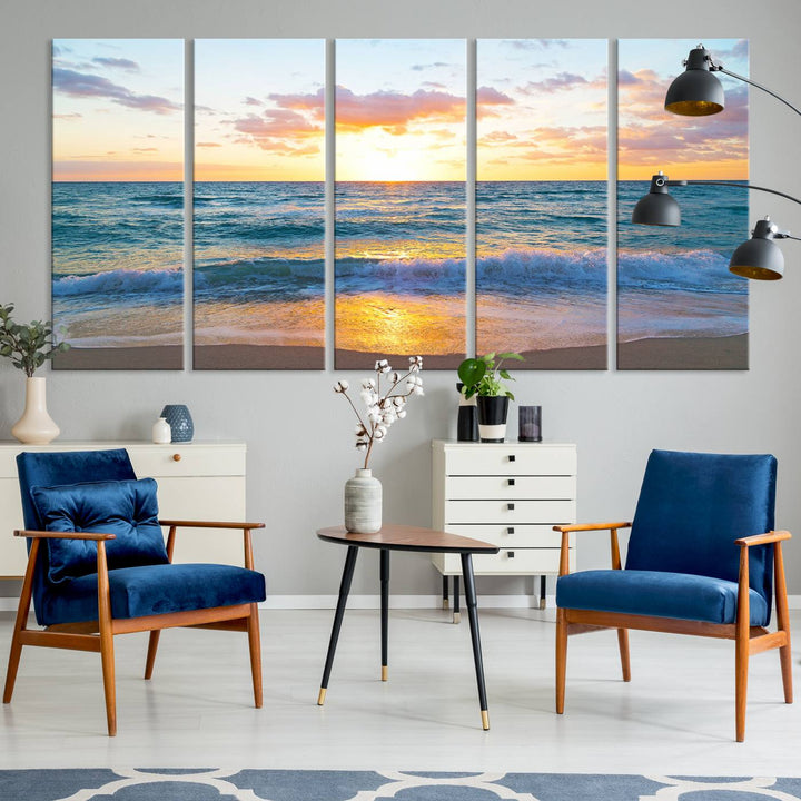 Blue Ocean Beach Sunset Wall Art Canvas Print