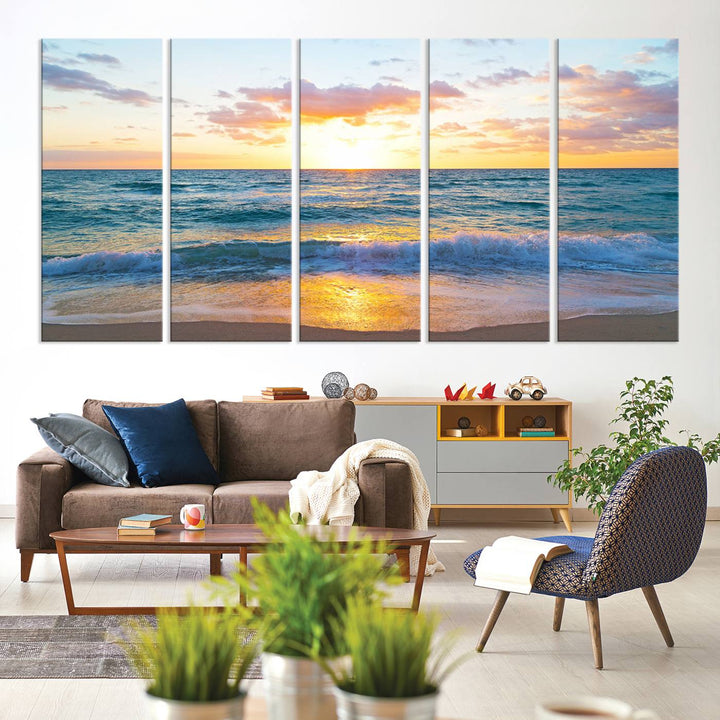 Blue Ocean Beach Sunset Wall Art Canvas Print