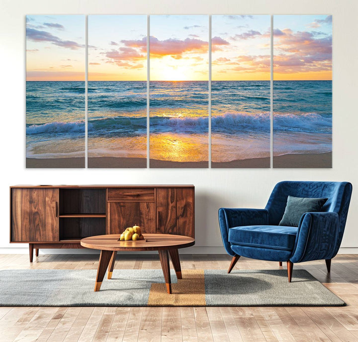 Blue Ocean Beach Sunset Wall Art Canvas Print