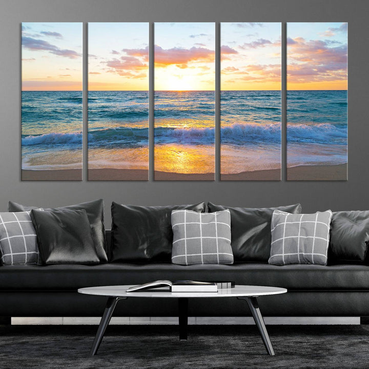 Blue Ocean Beach Sunset Wall Art Canvas Print