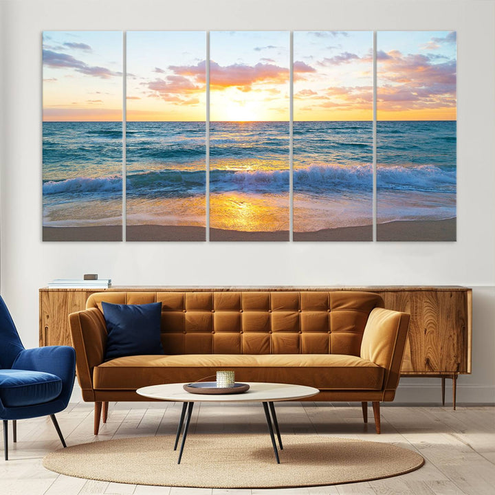 Blue Ocean Beach Sunset Wall Art Canvas Print