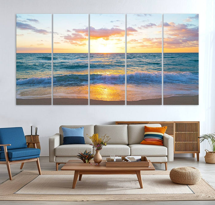 Blue Ocean Beach Sunset Wall Art Canvas Print