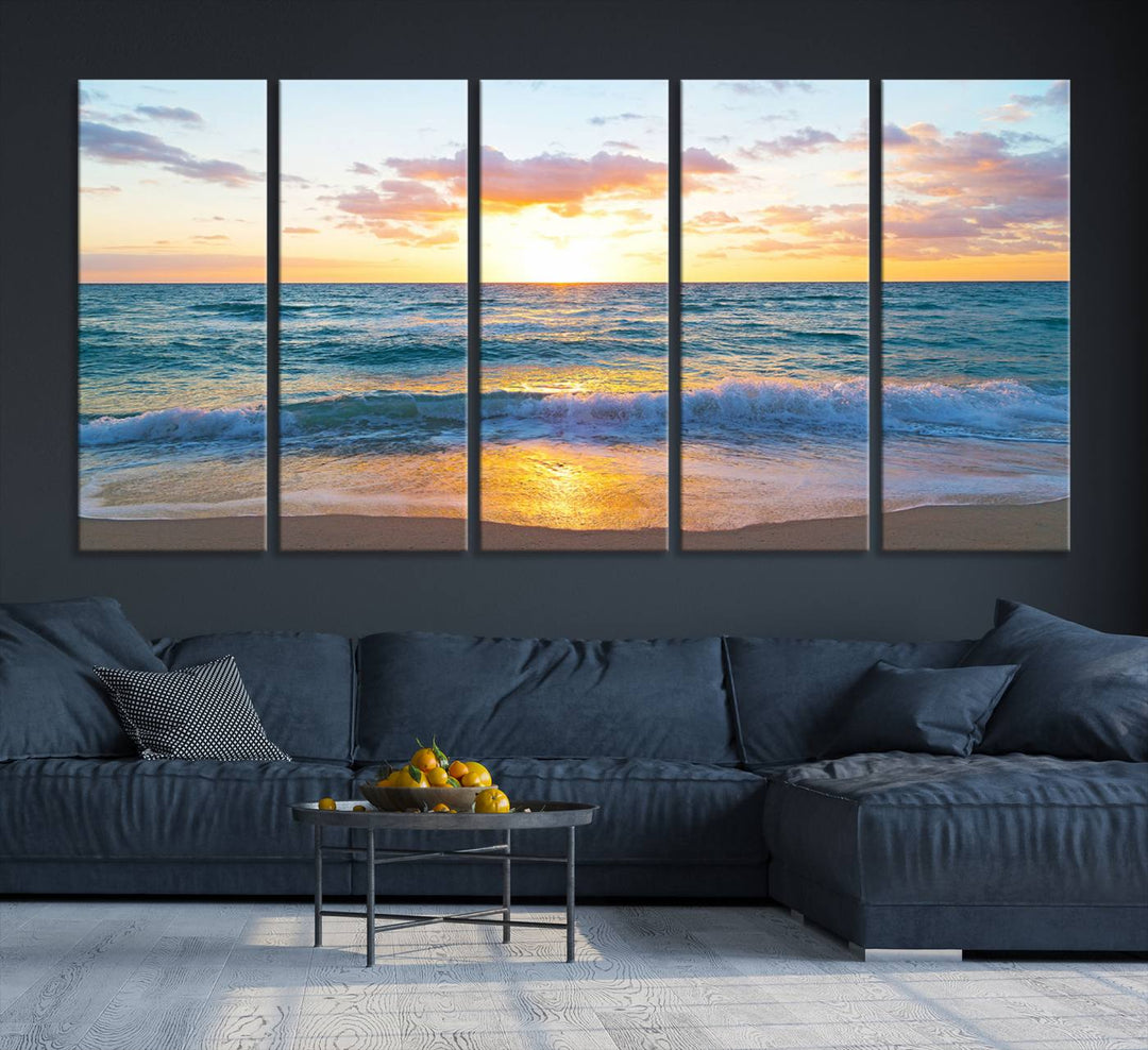 Blue Ocean Beach Sunset Wall Art Canvas Print