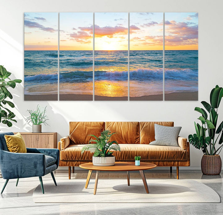 Blue Ocean Beach Sunset Wall Art Canvas Print