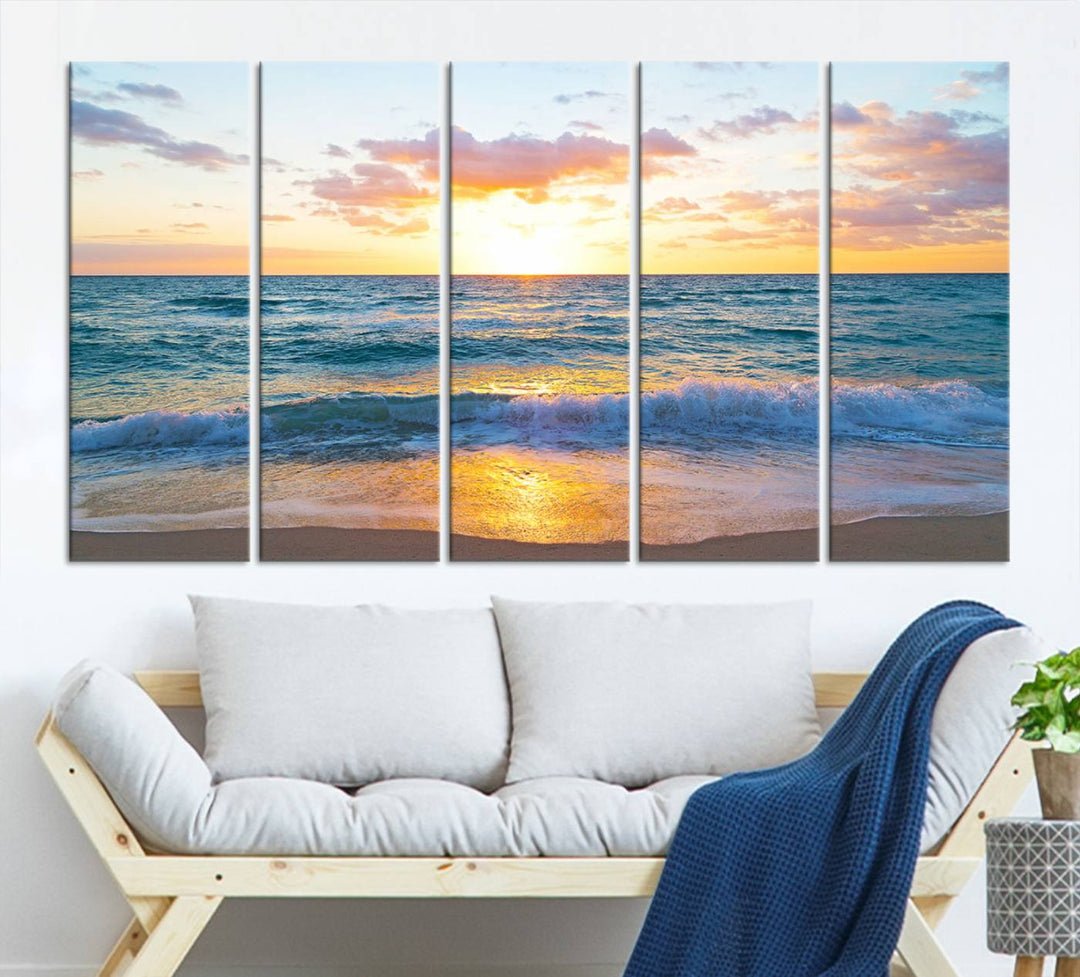 Blue Ocean Beach Sunset Wall Art Canvas Print