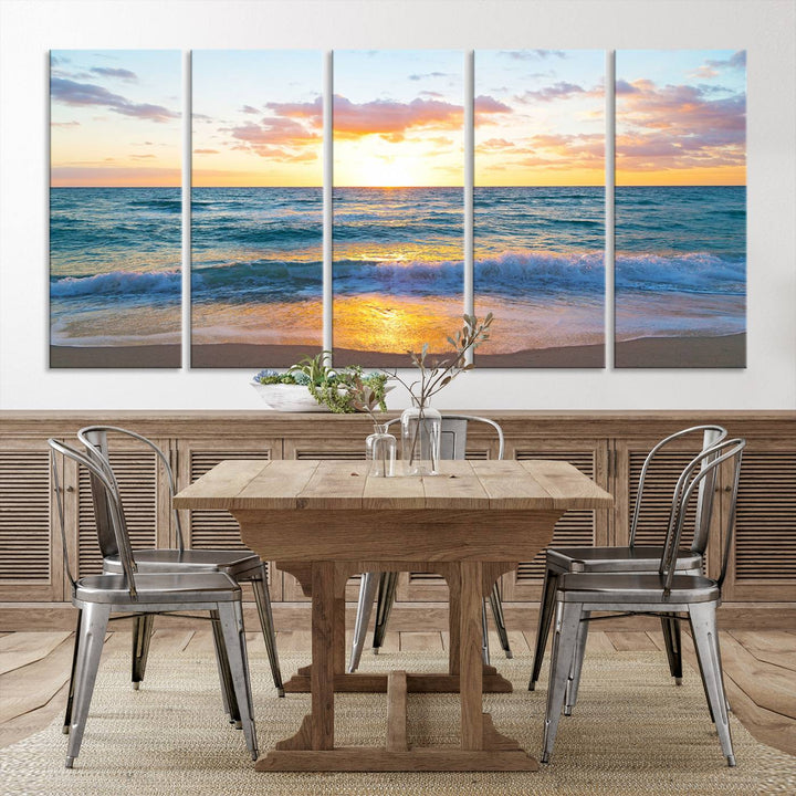 Blue Ocean Beach Sunset Wall Art Canvas Print