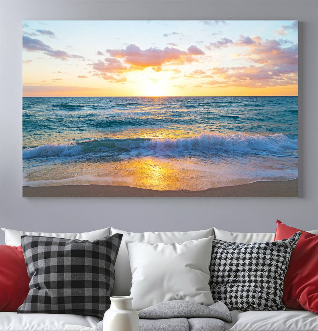 Blue Ocean Beach Sunset Wall Art Canvas Print