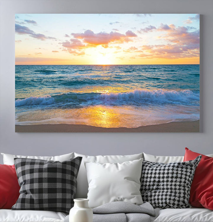 Blue Ocean Beach Sunset Wall Art Canvas Print