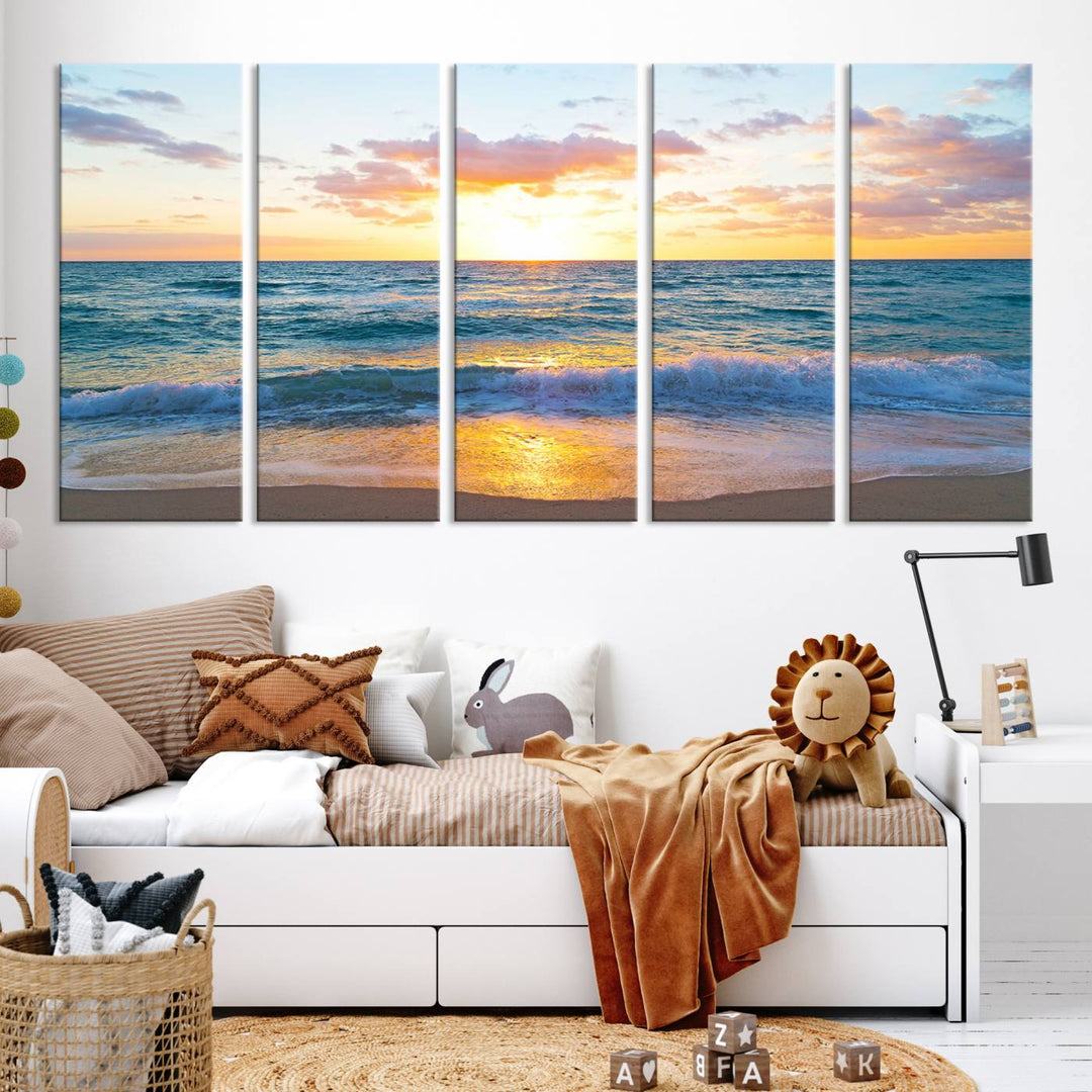 Blue Ocean Beach Sunset Wall Art Canvas Print