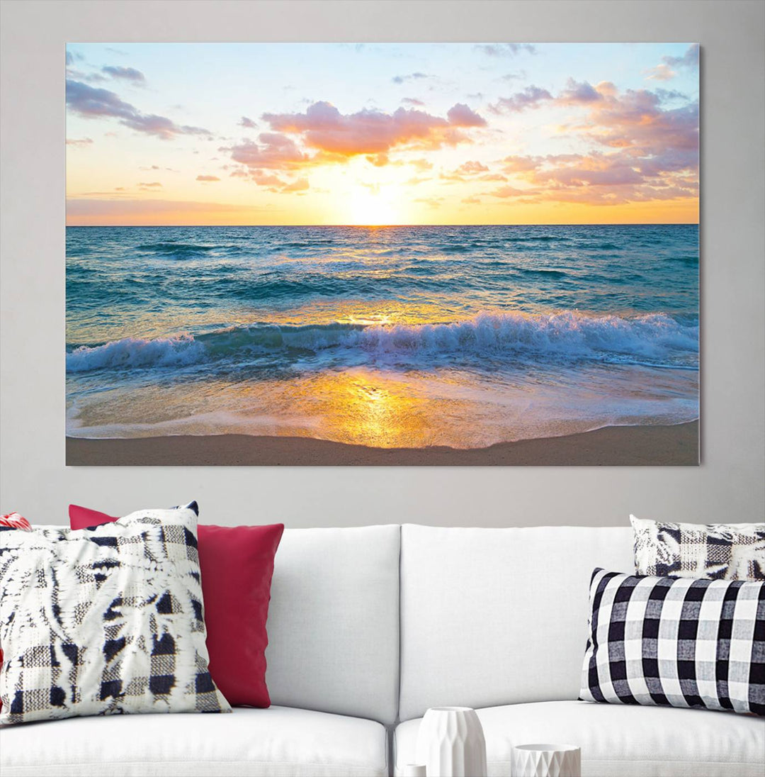 Blue Ocean Beach Sunset Wall Art Canvas Print