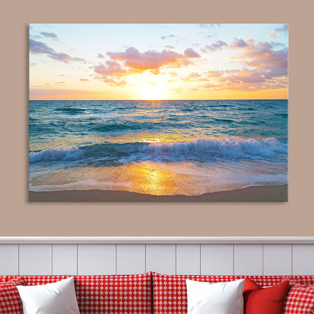 Blue Ocean Beach Sunset Wall Art Canvas Print