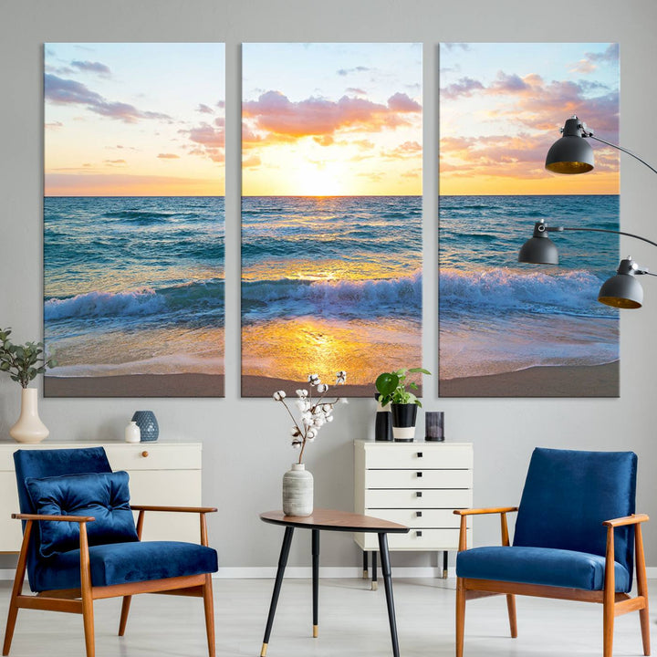 Blue Ocean Beach Sunset Wall Art Canvas Print