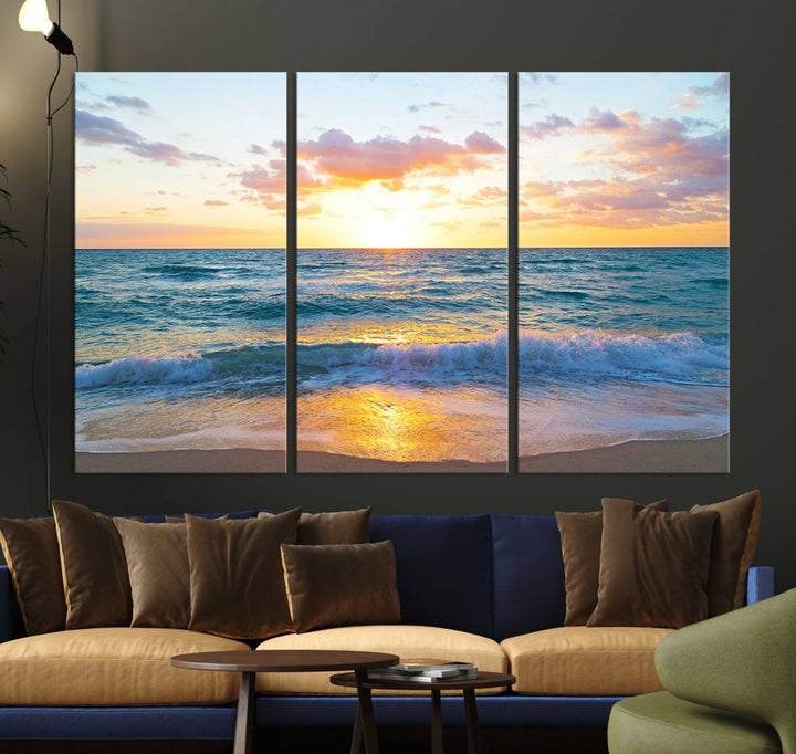 Blue Ocean Beach Sunset Wall Art Canvas Print