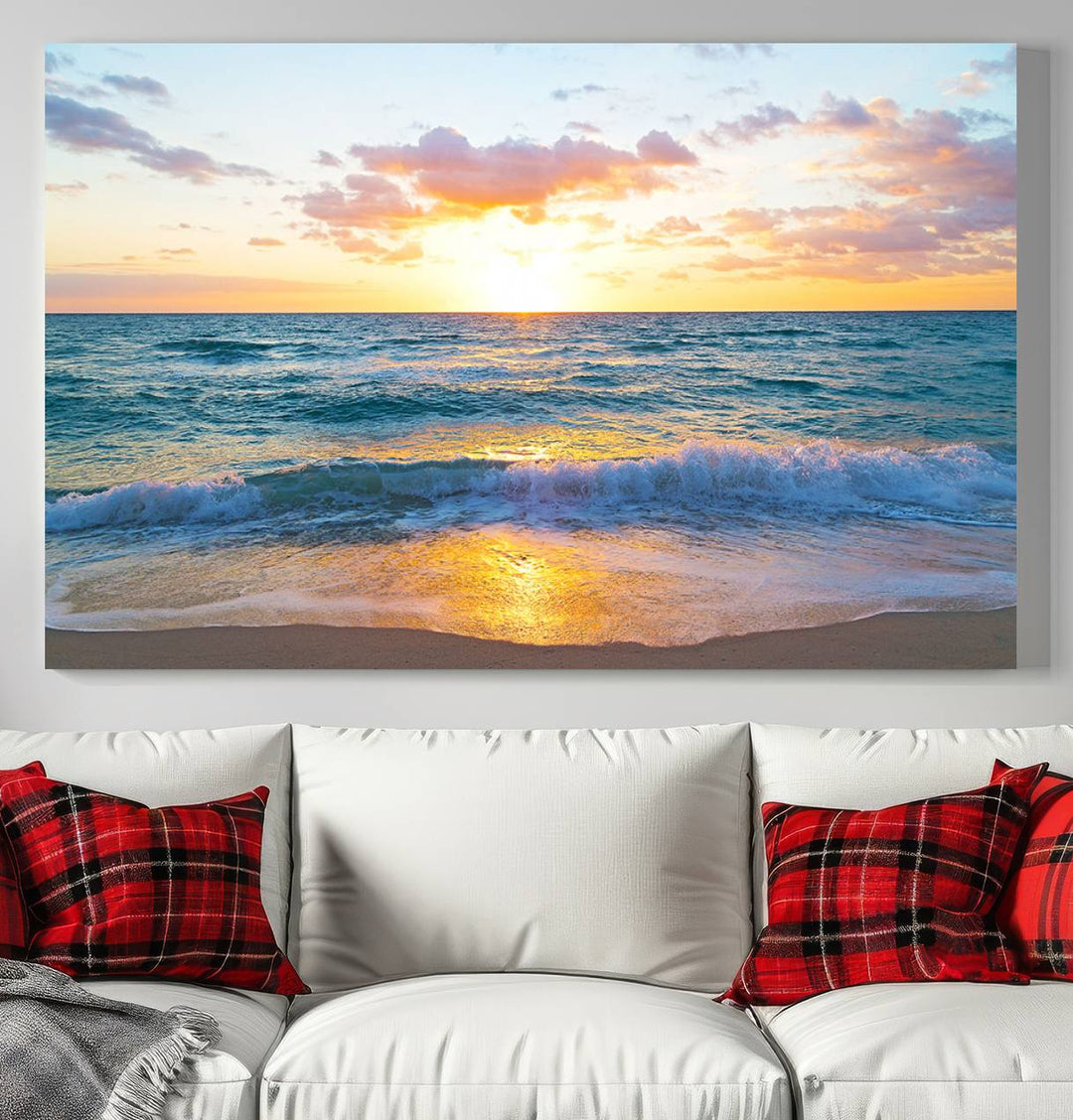 Blue Ocean Beach Sunset Wall Art Canvas Print