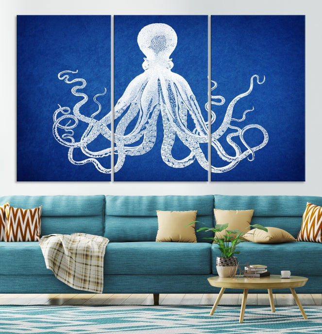 Blue Octopus Large Canvas Art Print for Office Home Decor