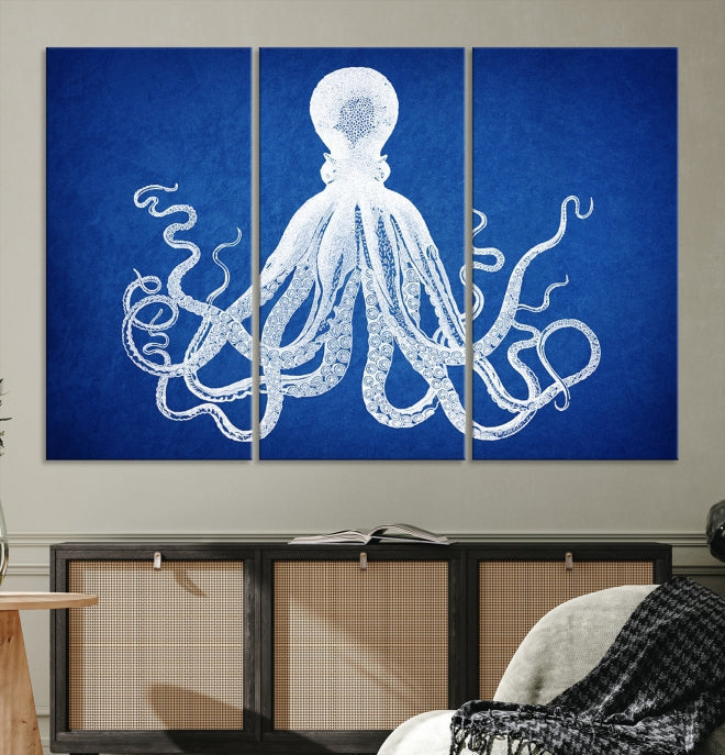 Blue Octopus Large Canvas Art Print for Office Home Decor