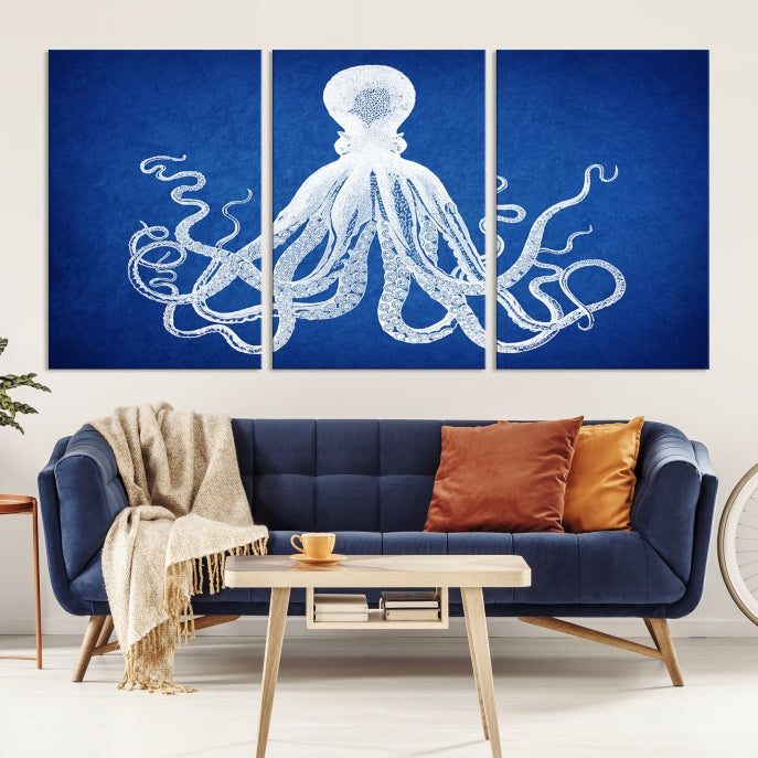 Blue Octopus Large Canvas Art Print for Office Home Decor