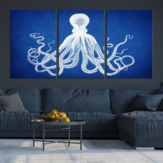 Blue Octopus Large Canvas Art Print for Office Home Decor