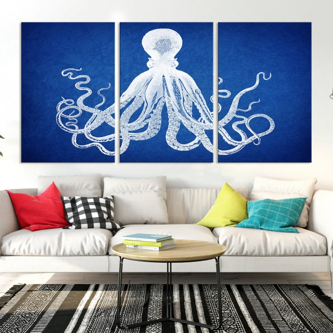 Blue Octopus Large Canvas Art Print for Office Home Decor