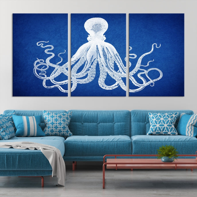 Blue Octopus Large Canvas Art Print for Office Home Decor