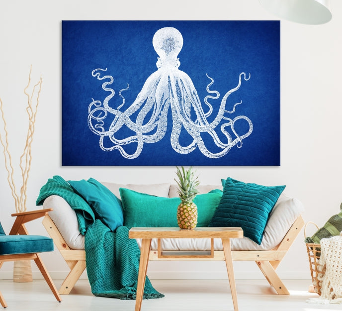 Blue Octopus Large Canvas Art Print for Office Home Decor