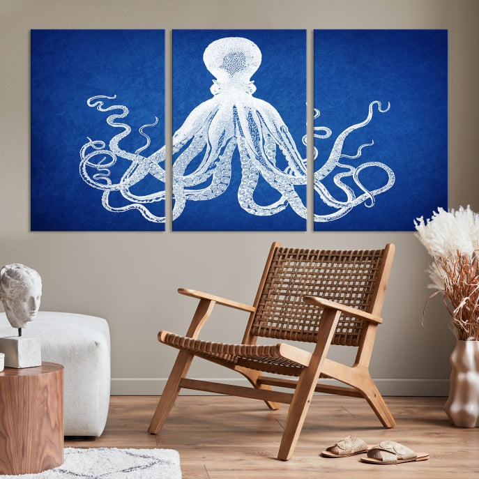 Blue Octopus Large Canvas Art Print for Office Home Decor