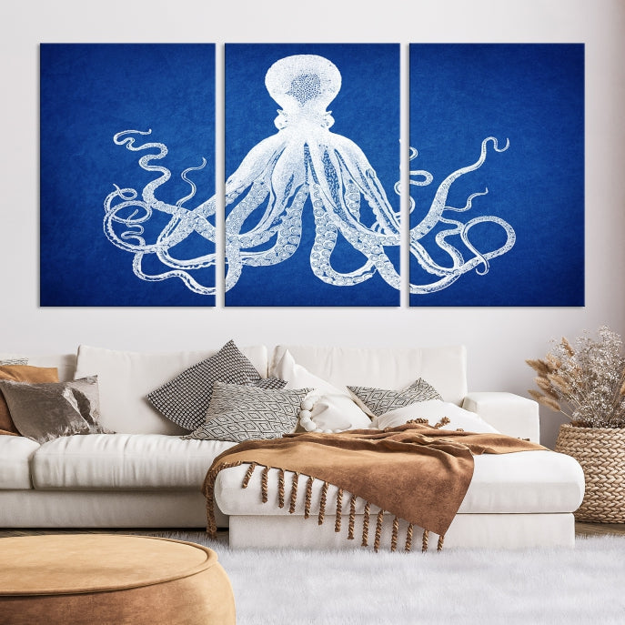 Blue Octopus Large Canvas Art Print for Office Home Decor