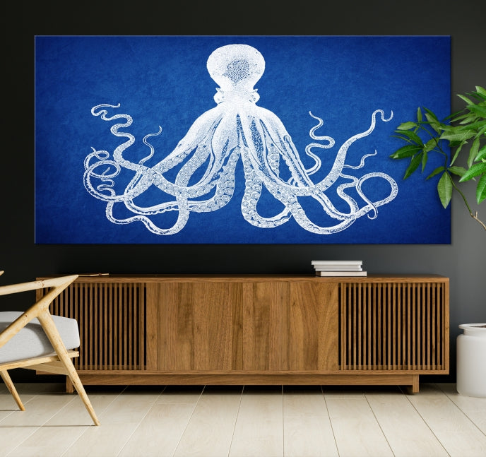 Blue Octopus Large Canvas Art Print for Office Home Decor