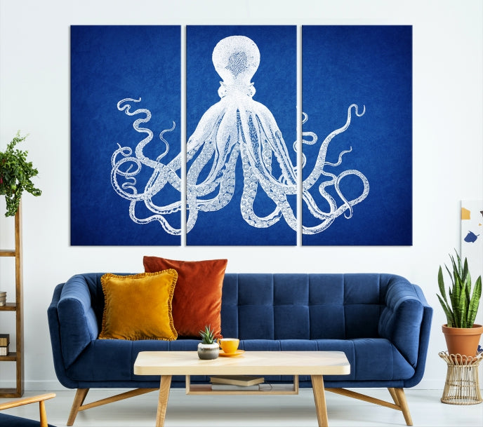 Blue Octopus Large Canvas Art Print for Office Home Decor