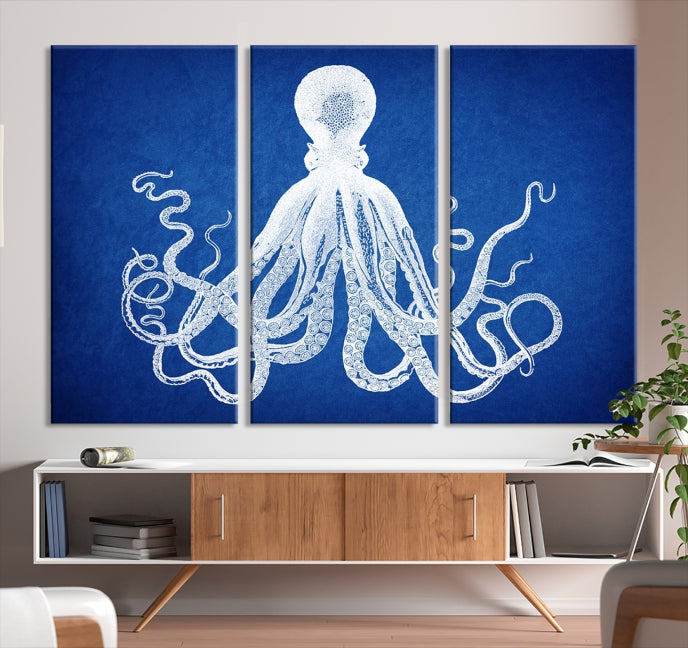 Blue Octopus Large Canvas Art Print for Office Home Decor