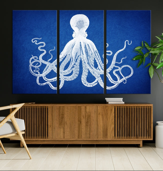 Blue Octopus Large Canvas Art Print for Office Home Decor