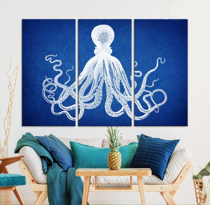 Blue Octopus Large Canvas Art Print for Office Home Decor