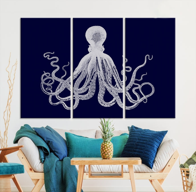 Blue Octopus Painting Large Wall Art Canvas Print Office Decor