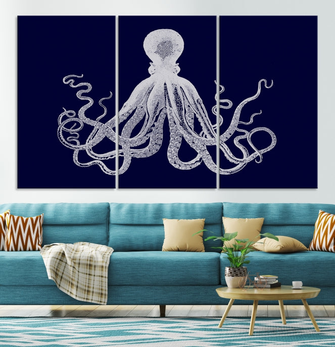 Blue Octopus Painting Large Wall Art Canvas Print Office Decor