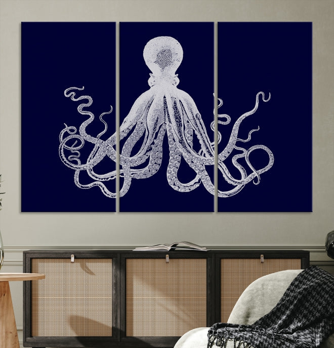 Blue Octopus Painting Large Wall Art Canvas Print Office Decor